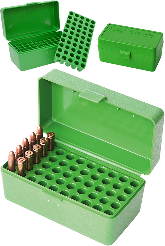 MTM Flip Top Rifle Ammo Box 22 Hornet/30 Carbine 50 Rds- Green